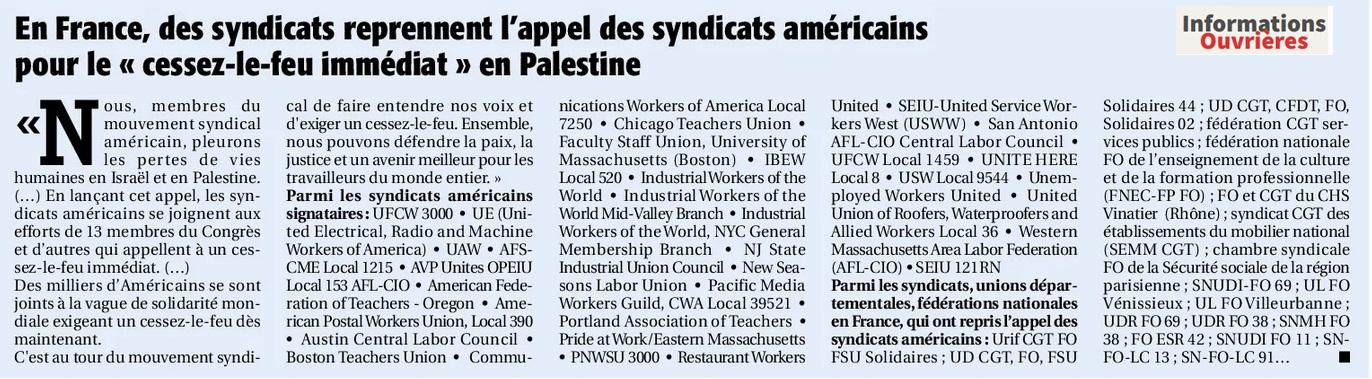 Syndicats reprennent l appel des syndicats americains